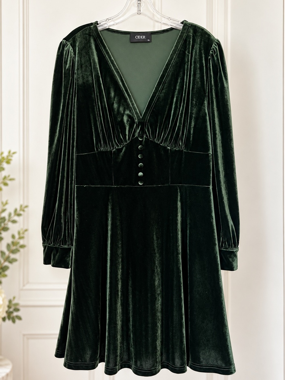 CIDER 1XL Forest Green Velvet Dress V Neck Puff Sleeve Button Front Romantic